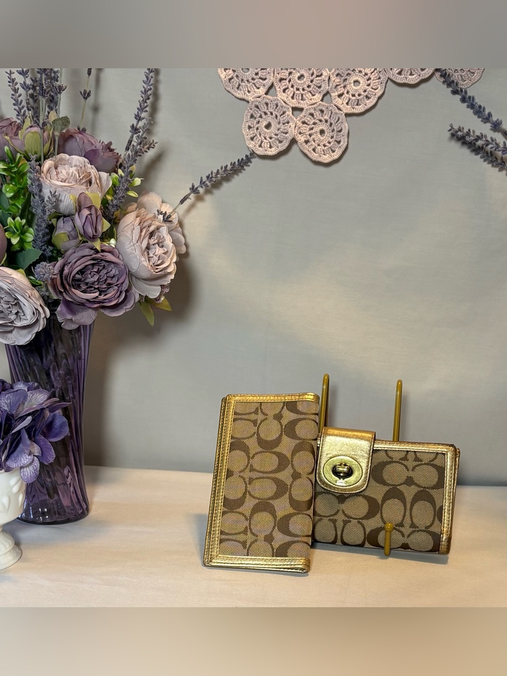 Coach Brown Signature Canvas Wallet and check book with Gold Trim